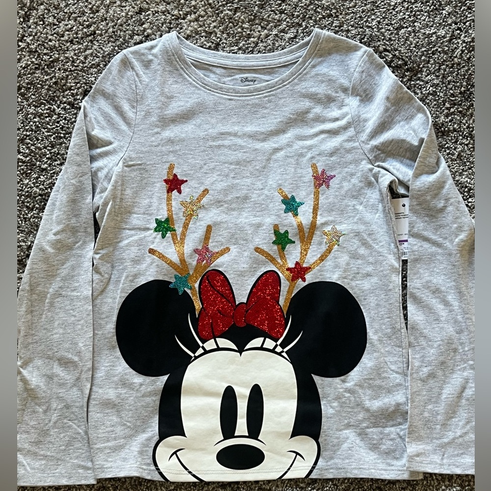 Disney Minnie Mouse Glittery Antlers Gray Long Sleeve Tee - Size 10